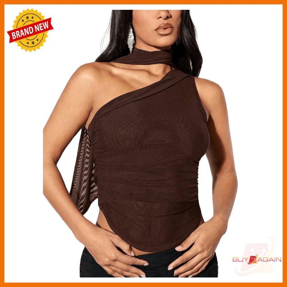 Women's Halter One Shoulder Ruched Asymmetrical Crop Tank Top